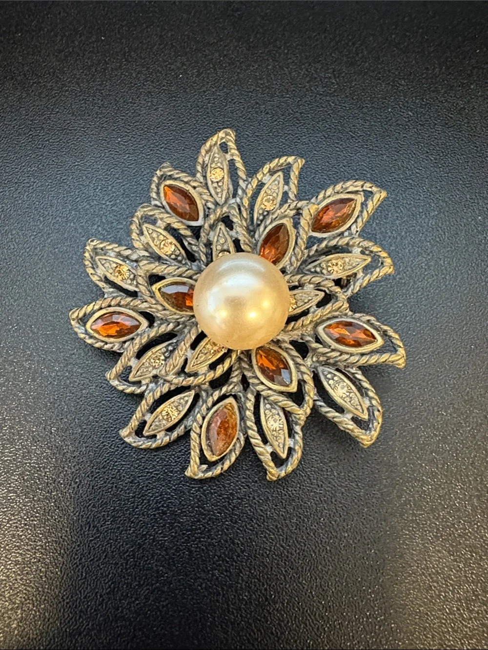 Pretty Vintage-Inspired Gold Tone Floral Brooch with Pearl and Amber Stones